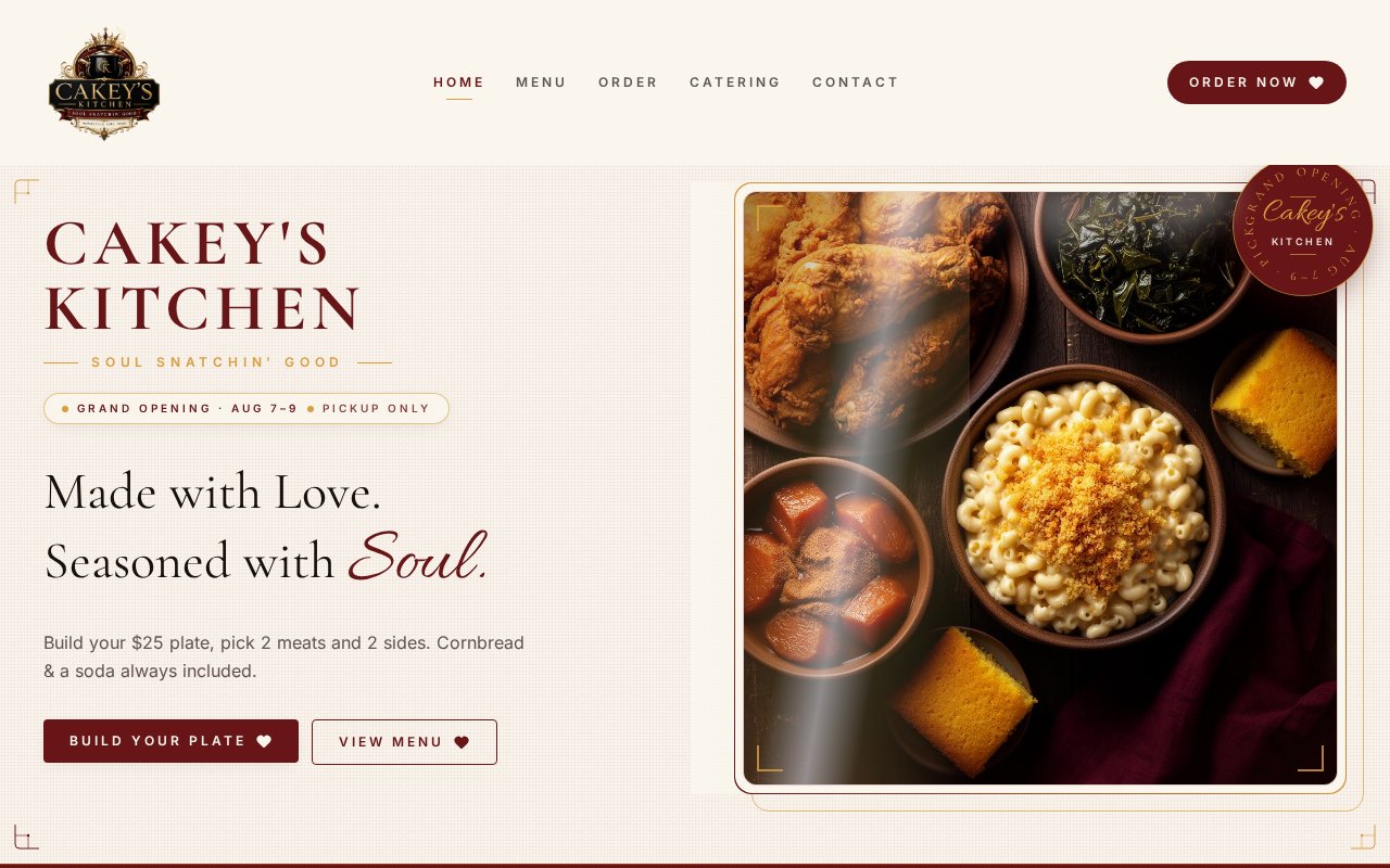Cakey's Kitchen landing page screenshot